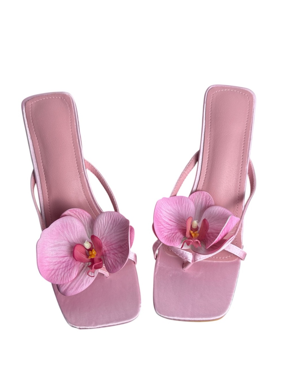 Pink Satin Flower Heels Square Toe Mule Sandals Size 40 - Picture 3 of 9